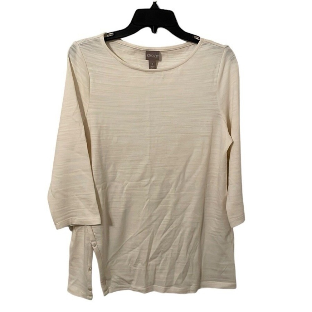 Chico's Women's Cream Round Neck Side Button Quarter Sleeve‎ Top Size 1 (M/8)